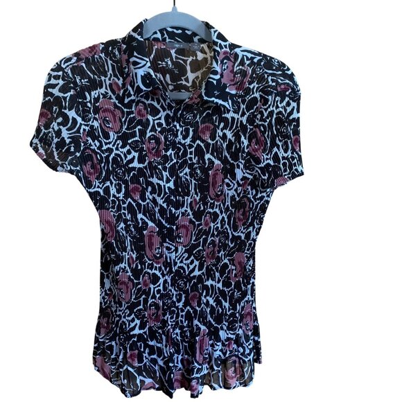Apt.9 Womens Pleated Button-Down Collared Blouse Black/White/Pink Floral Pattern - Picture 7 of 8